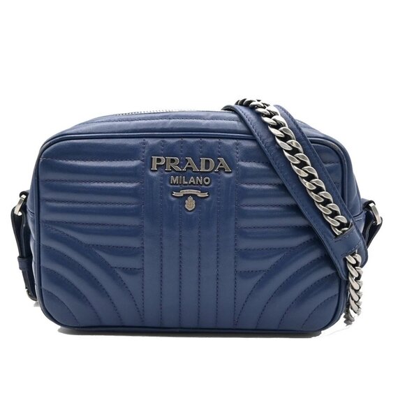 PRADA Logo Diagramme Chain Shoulder Bag Leather Blue SHW Italy - Picture 1 of 16